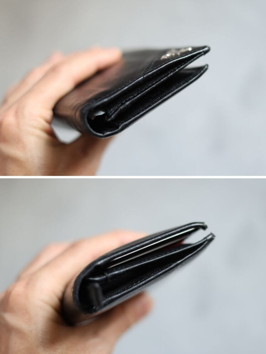 プラダのサフィアーノレザーメンズ長財布のポケットにカードやお金を入れた状態