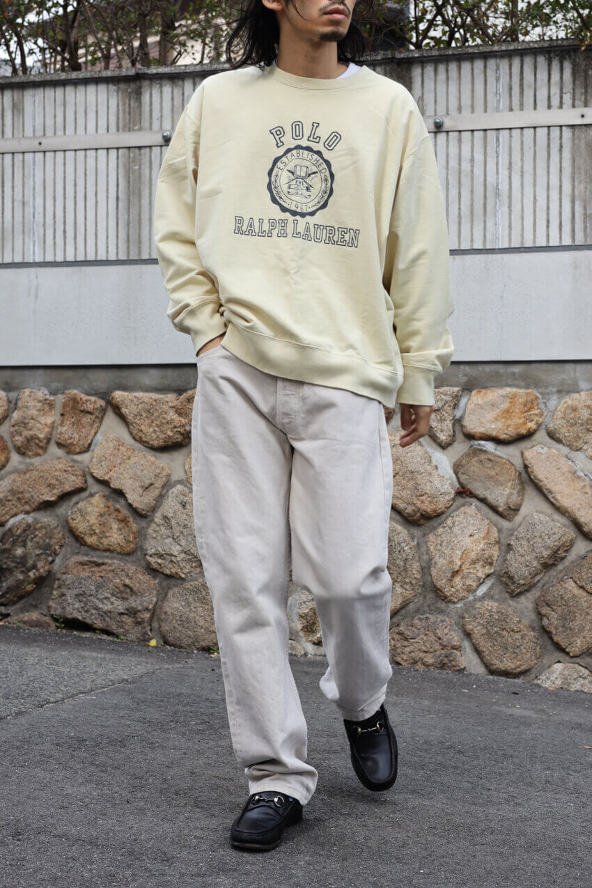 古着のポロラルフローレンのロゴスウェット、古着のリーバイス501ジーンズ、オールドグッチのビットローファー、ユニクロのサングラスのメンズコーデ