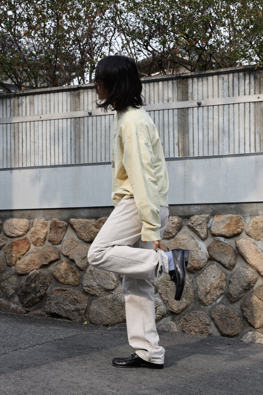 古着のポロラルフローレンのロゴスウェット、古着のリーバイス501ジーンズ、オールドグッチのビットローファー、ユニクロのサングラスのメンズコーデ