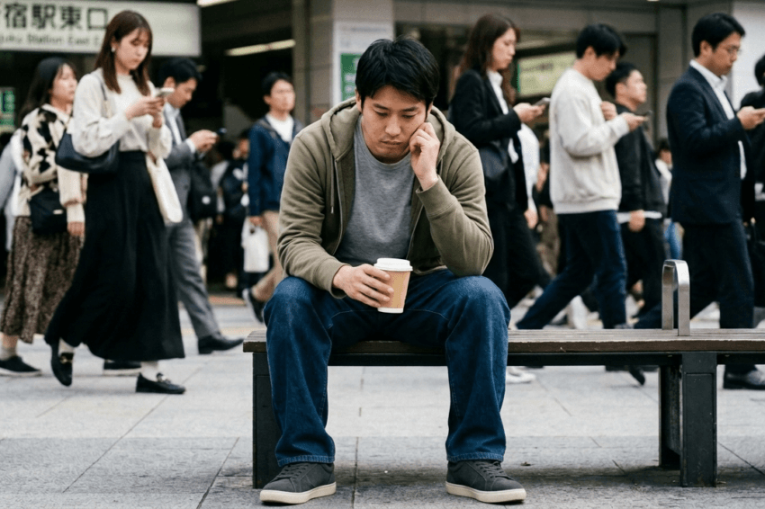 ファッションへの関心を失って座り込む20代〜30代の日本人男性