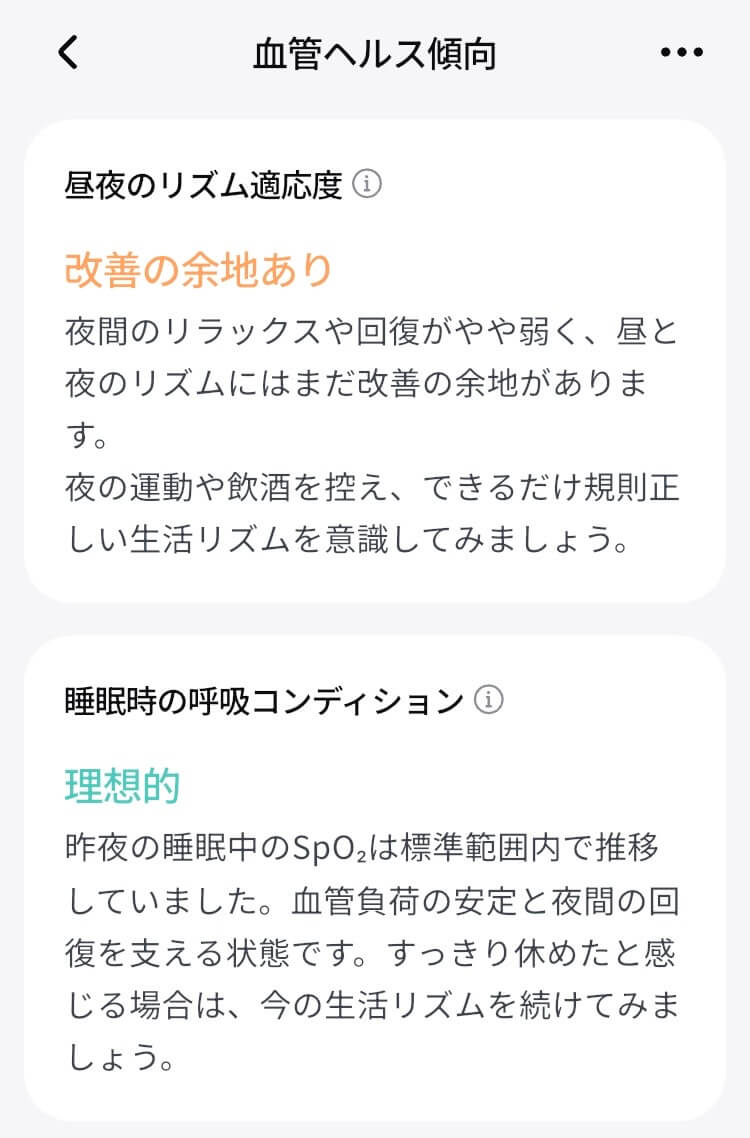 ringconn-gen3-vascular-health-report リンコンGen3の血管ヘルス傾向「昼夜のリズム適応度」「睡眠時の呼吸コンディション」